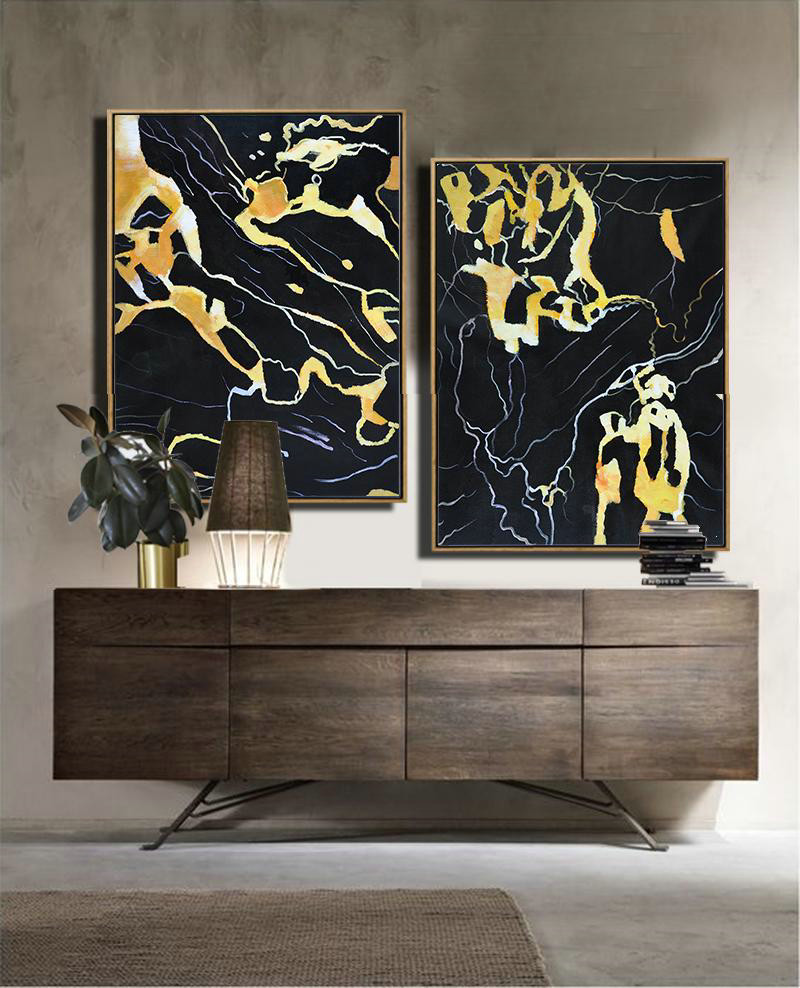 Extra Large Textured Painting On Canvas,Set Of 2 Abstract Marble Painting On Canvas,Acrylic Painting On Canvas,Black,White,Yellow.etc
